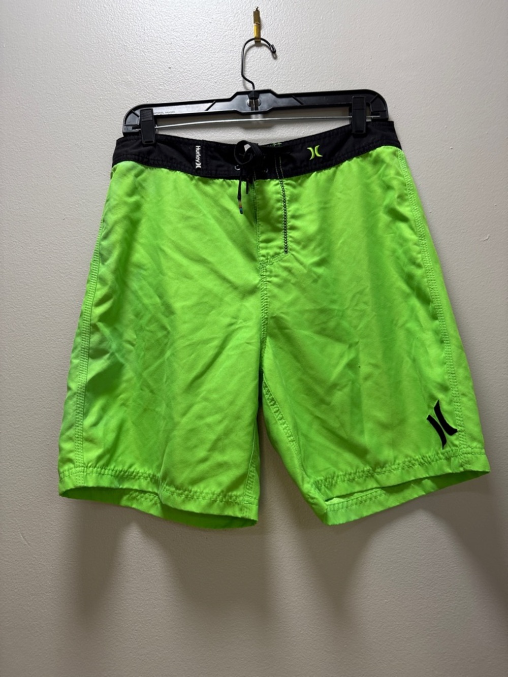 Hurley Men’s Neon Lime Green Board Shorts with Black Waistband / Swim Trunks